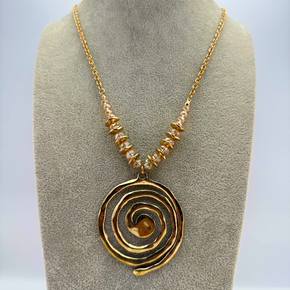 Gold Spiral Pendant Necklace with Beaded Accent & Spanish Prayer Statement